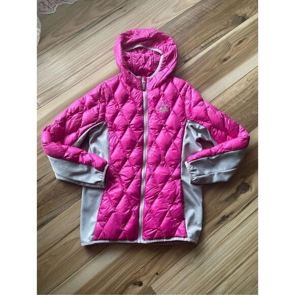Gerry Puffer Jacket Hooded Down 650 Fill Girls Large 14 / 16 Pink Grey Full Zip - Picture 1 of 9